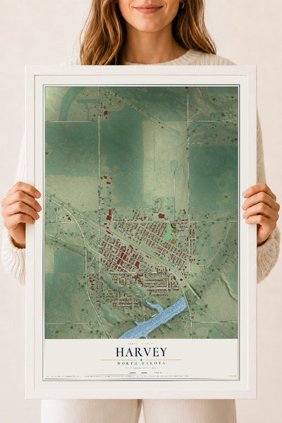 Map of Harvey, North Dakota, 18 x 24 inch print in a white wood frame