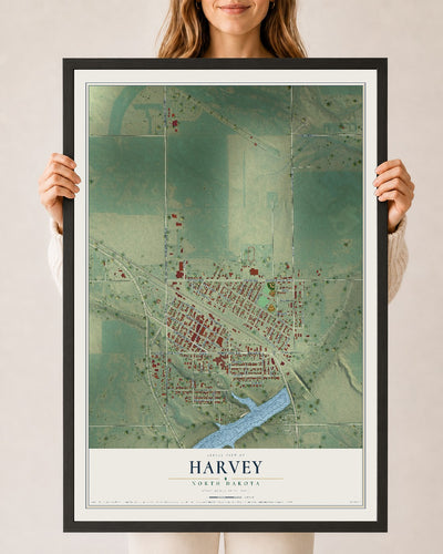 Map of Harvey, North Dakota, 24 x 36 inch print in a black wood frame
