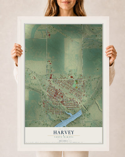 Map of Harvey, North Dakota, 24 x 36 inch print in a white wood frame