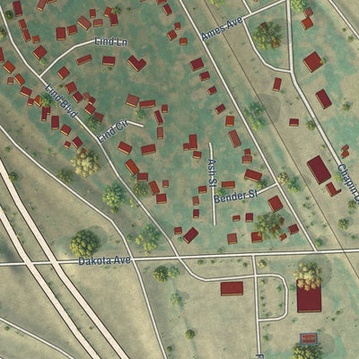 Close-up of the map of Harwood, North Dakota print showing street and building detail