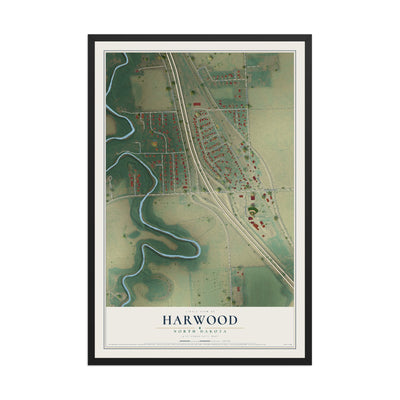 Map of Harwood, North Dakota, 12 x 18 inch print in a black wood frame