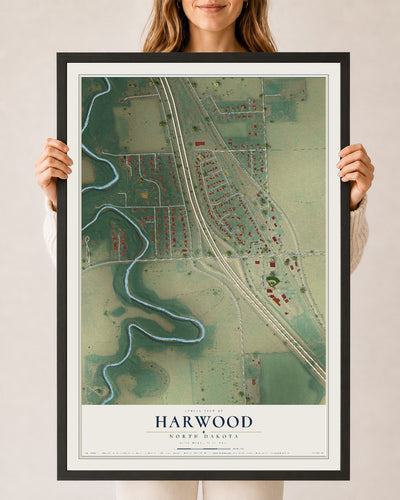 Map of Harwood, North Dakota, 24 x 36 inch print in a black wood frame