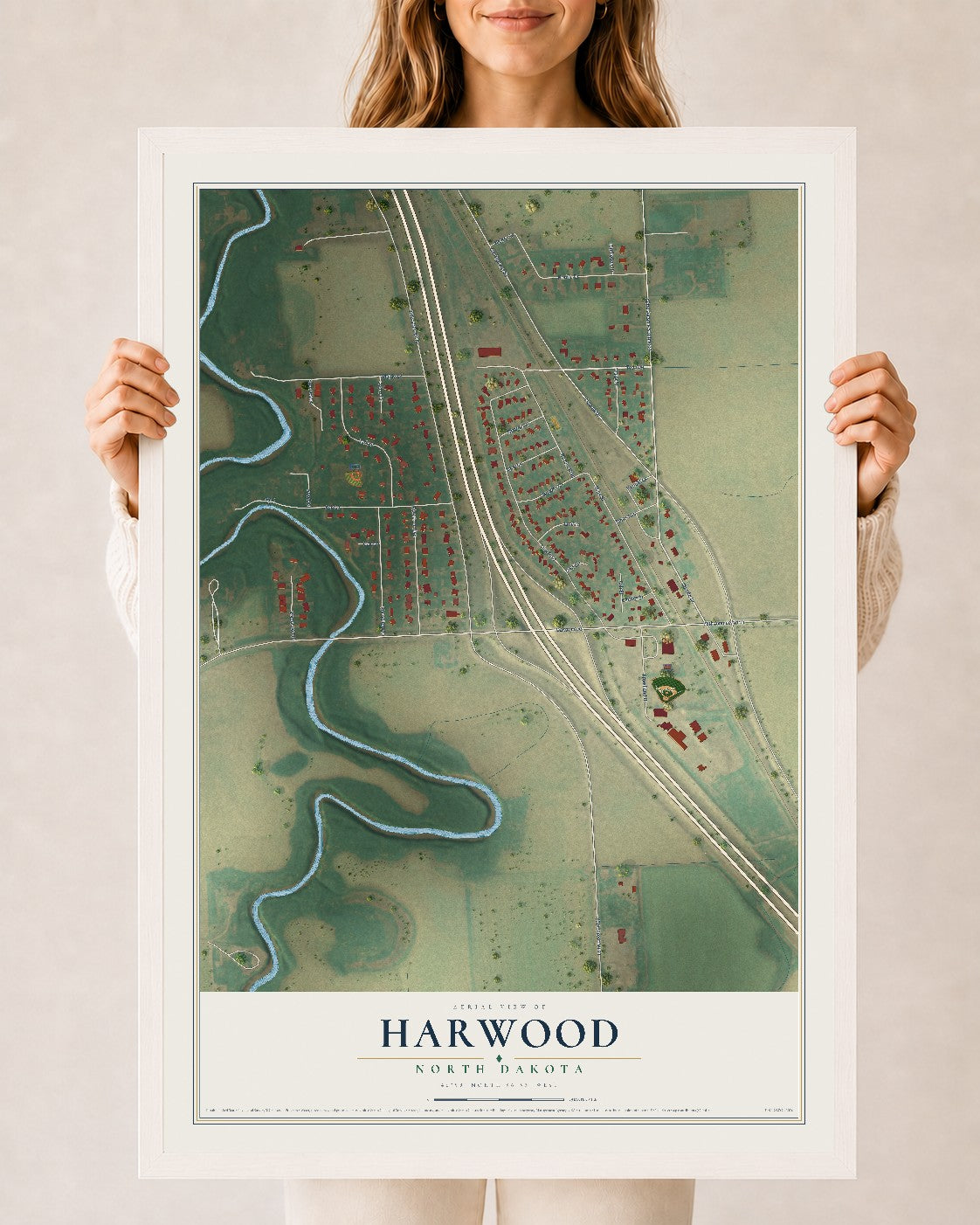 Map of Harwood, North Dakota, 24 x 36 inch print in a white wood frame