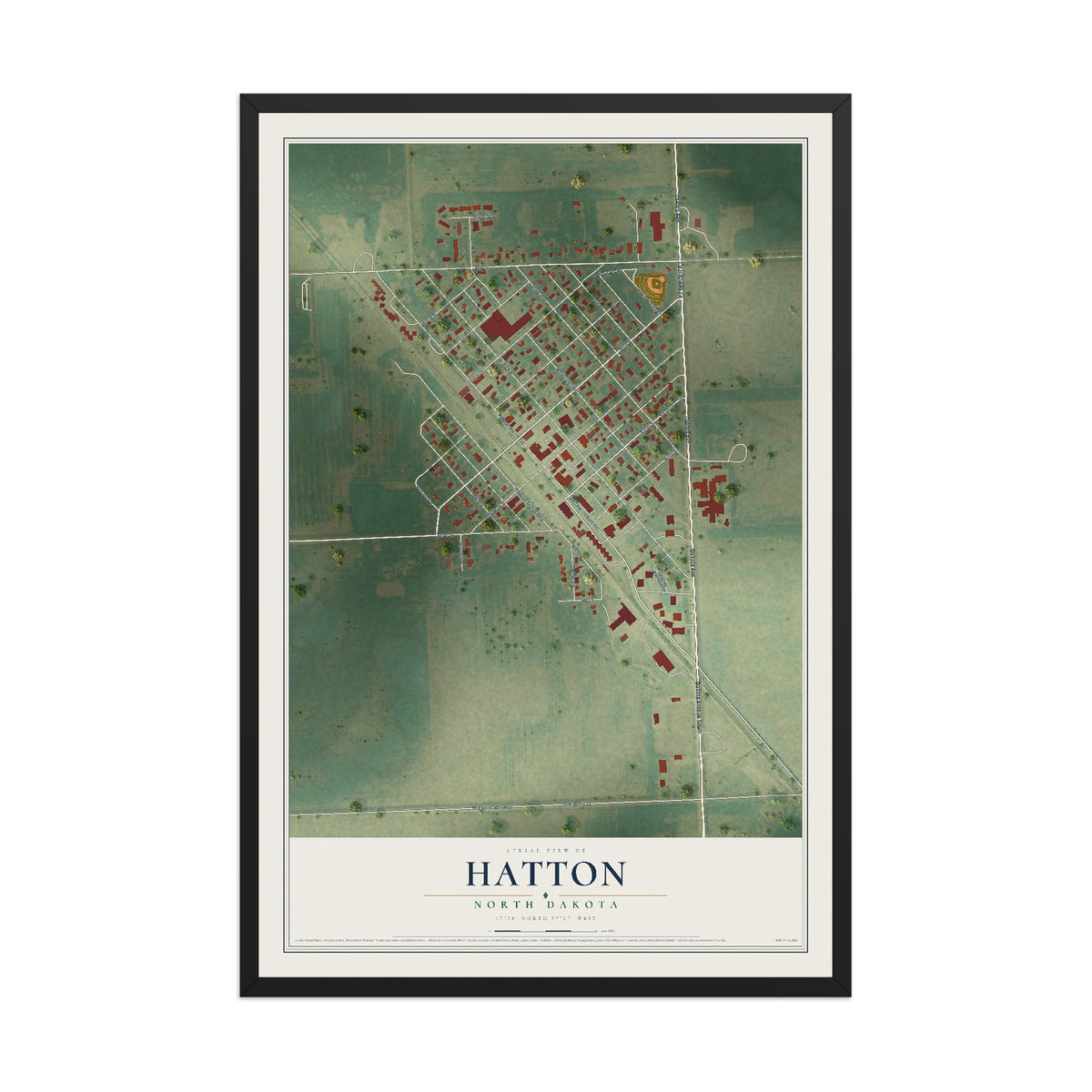 Map of Hatton, North Dakota, 12 x 18 inch print in a black wood frame