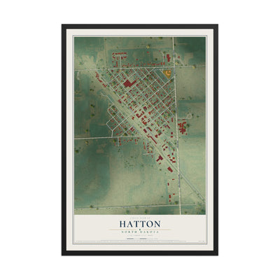 Map of Hatton, North Dakota, 12 x 18 inch print in a black wood frame