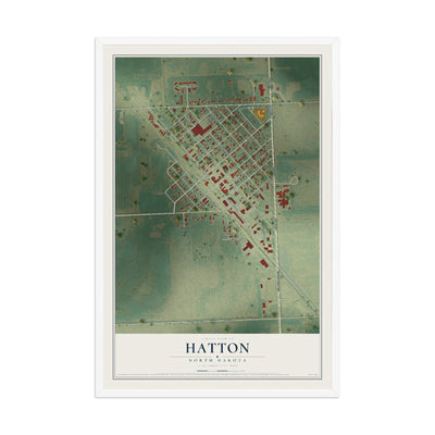 Map of Hatton, North Dakota, 12 x 18 inch print in a white wood frame