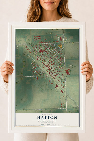 Map of Hatton, North Dakota, 18 x 24 inch print in a white wood frame