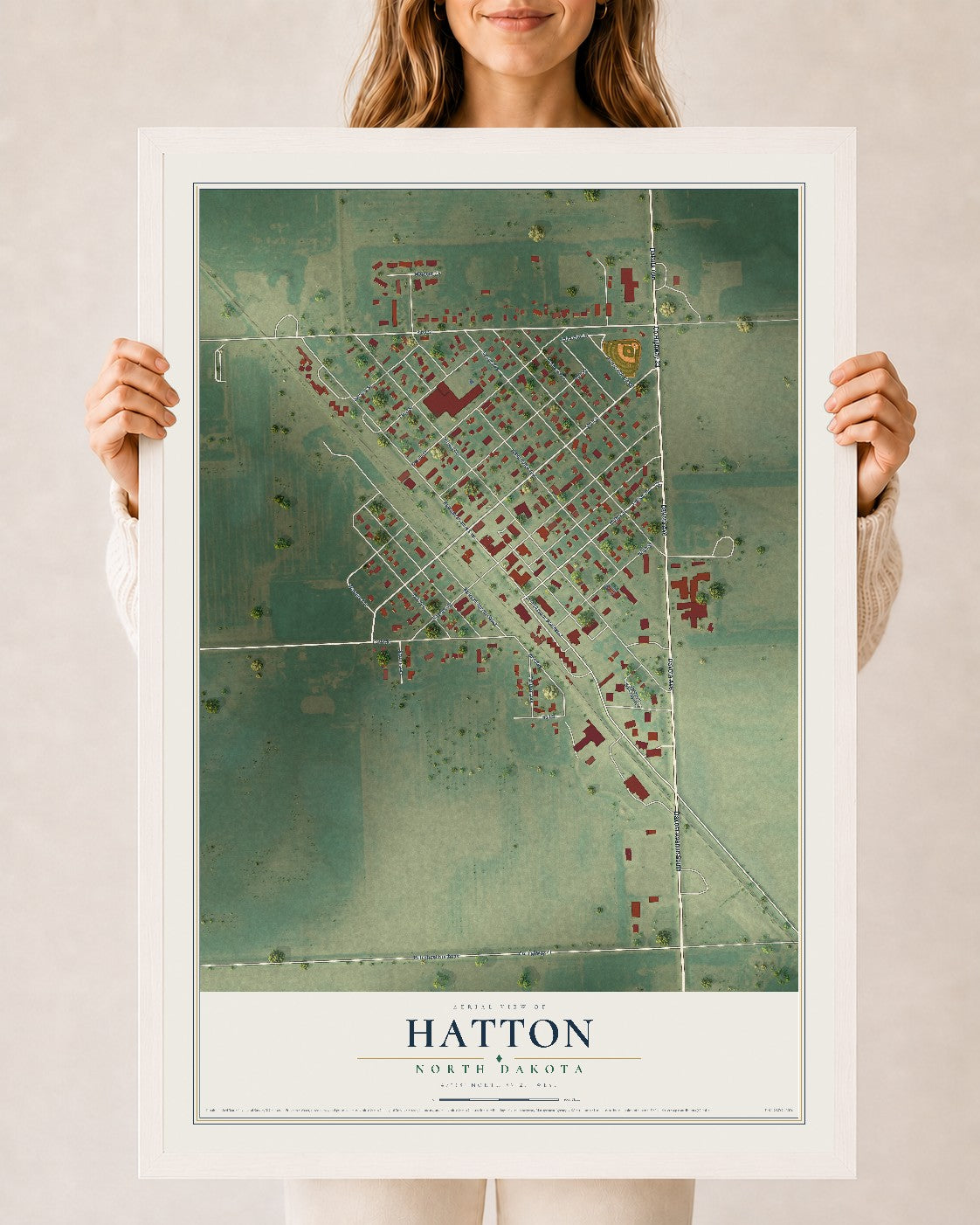 Map of Hatton, North Dakota, 24 x 36 inch print in a white wood frame