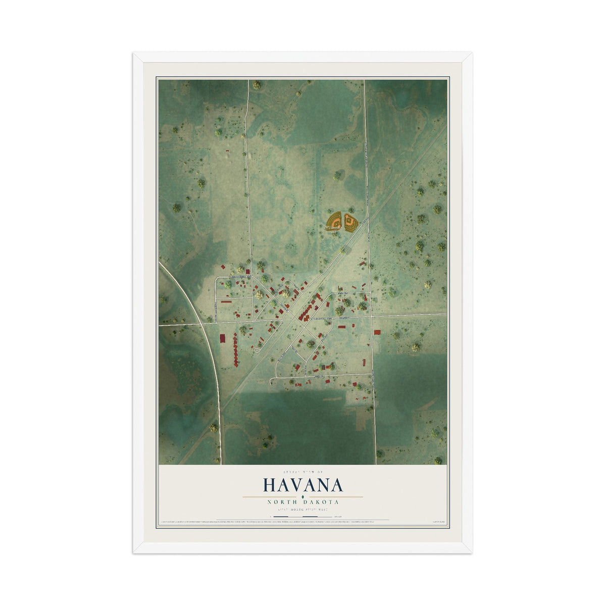 Map of Havana, North Dakota, 12 x 18 inch print in a white wood frame