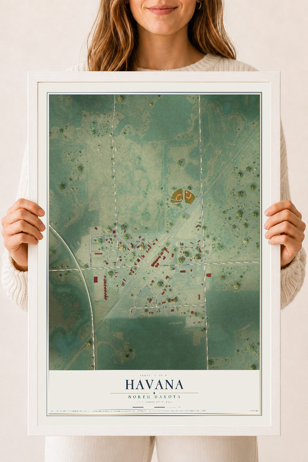 Map of Havana, North Dakota, 18 x 24 inch print in a white wood frame