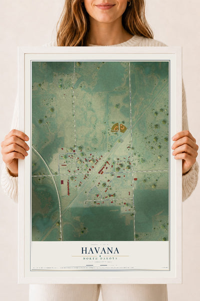 Map of Havana, North Dakota, 18 x 24 inch print in a white wood frame