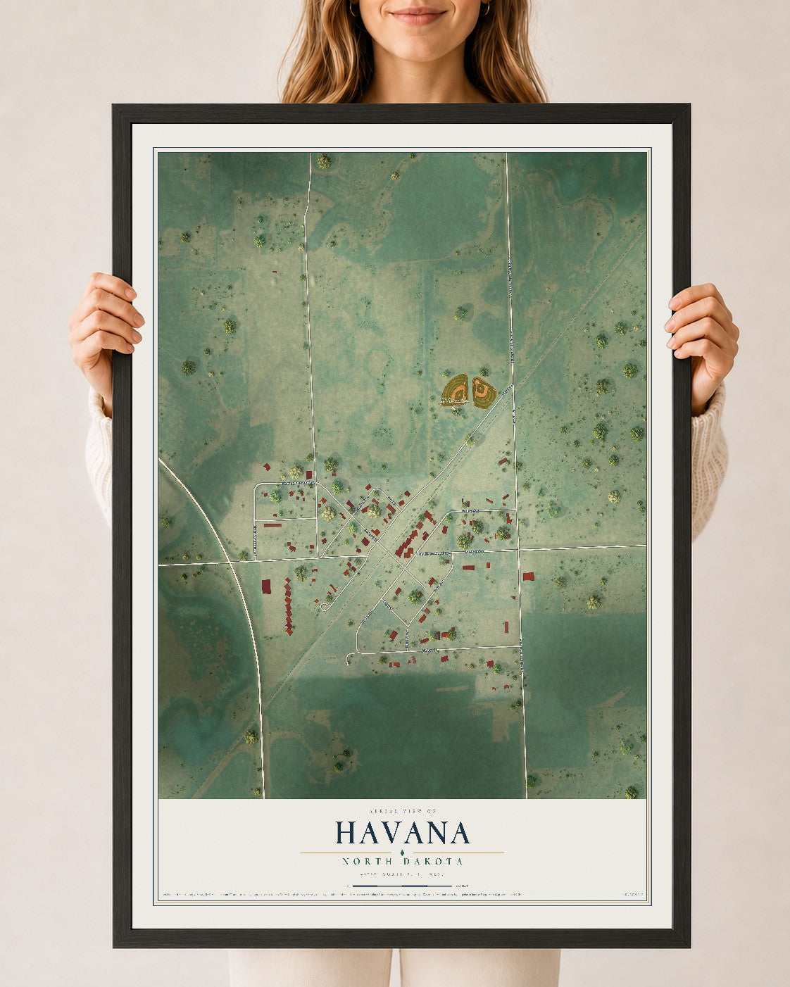 Map of Havana, North Dakota, 24 x 36 inch print in a black wood frame