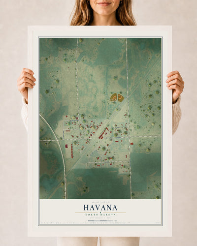 Map of Havana, North Dakota, 24 x 36 inch print in a white wood frame