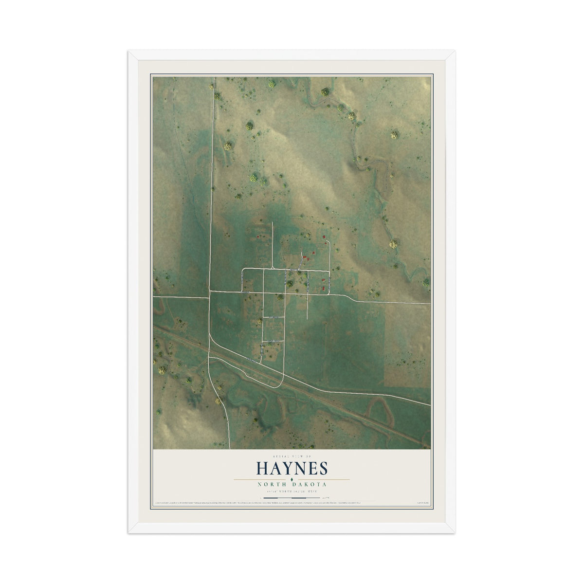 Map of Haynes, North Dakota, 12 x 18 inch print in a white wood frame