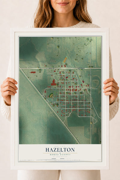 Map of Hazelton, North Dakota, 18 x 24 inch print in a white wood frame