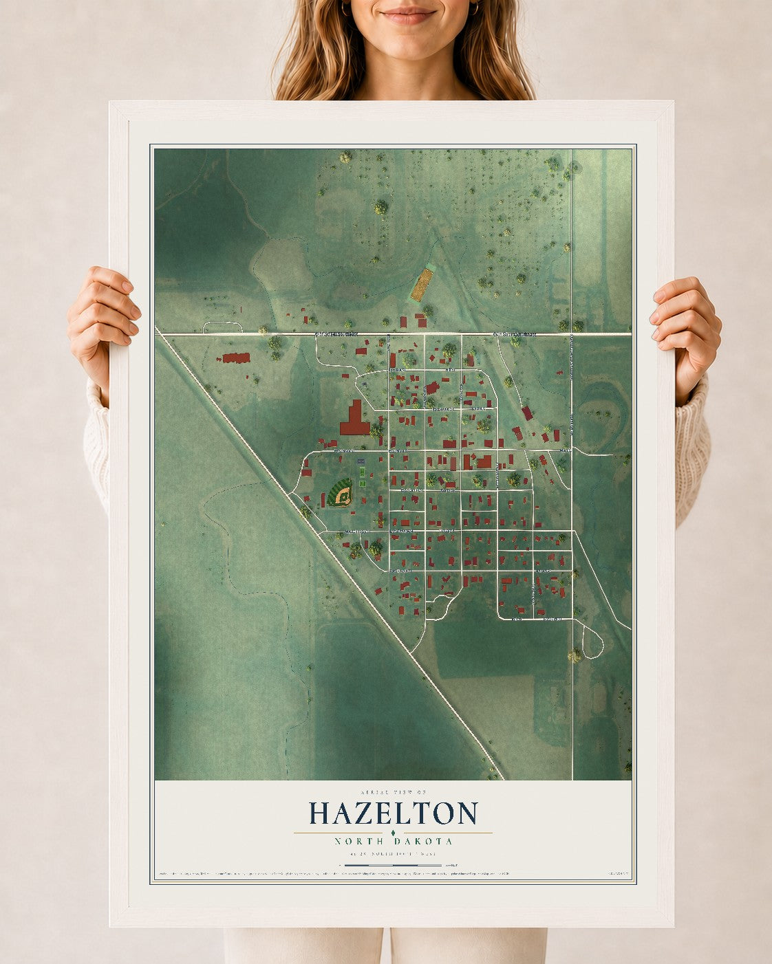 Map of Hazelton, North Dakota, 24 x 36 inch print in a white wood frame