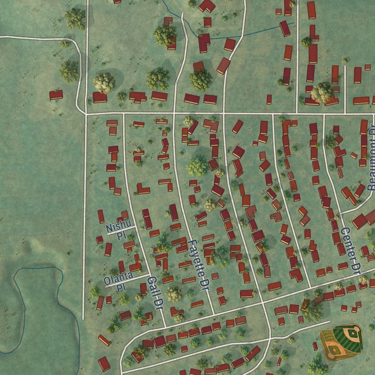 Second close-up of the map of Hazen, North Dakota print showing more streets and buildings
