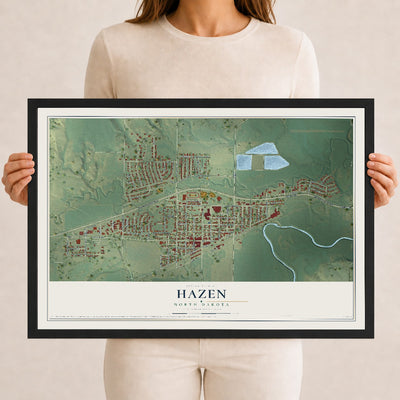 Map of Hazen, North Dakota, 12 x 18 inch print in a black wood frame