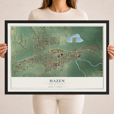 Map of Hazen, North Dakota, 18 x 24 inch print in a black wood frame