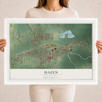 Map of Hazen, North Dakota, 18 x 24 inch print in a white wood frame