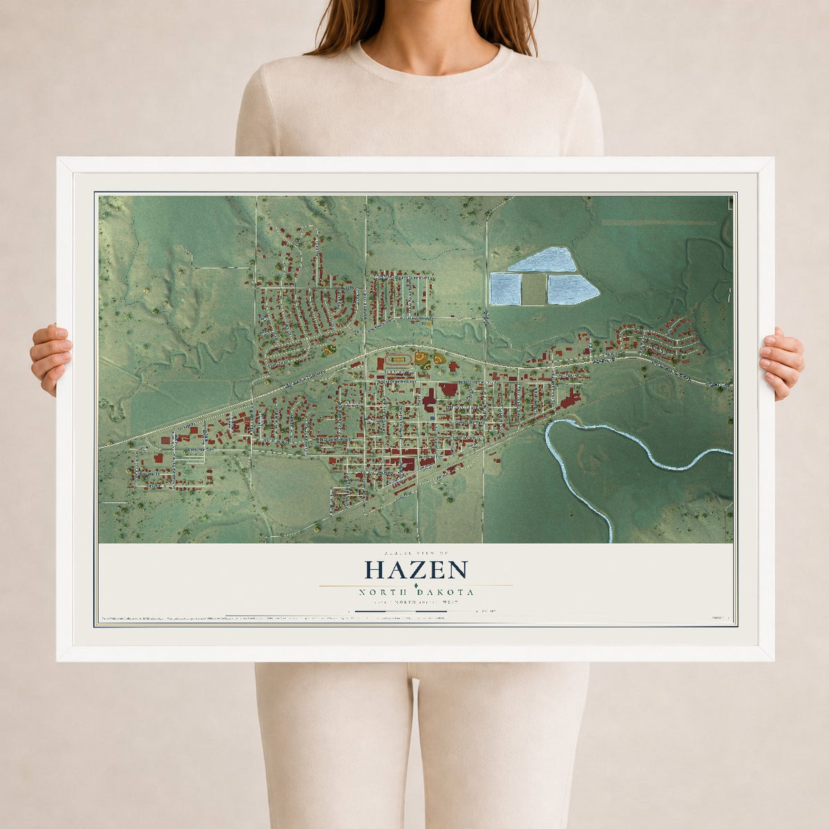 Map of Hazen, North Dakota, 24 x 36 inch print in a white wood frame