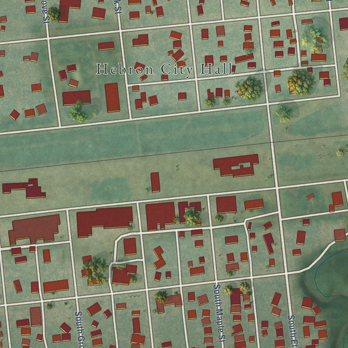 Close-up of the map of Hebron, North Dakota print showing street and building detail