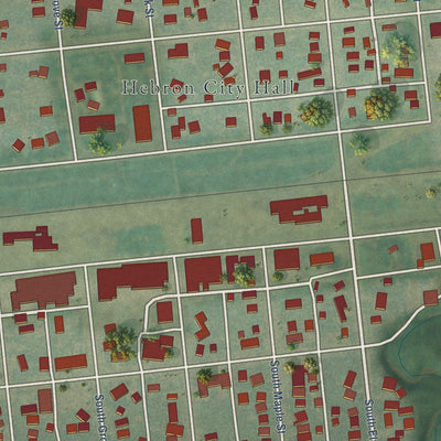 Close-up of the map of Hebron, North Dakota print showing street and building detail