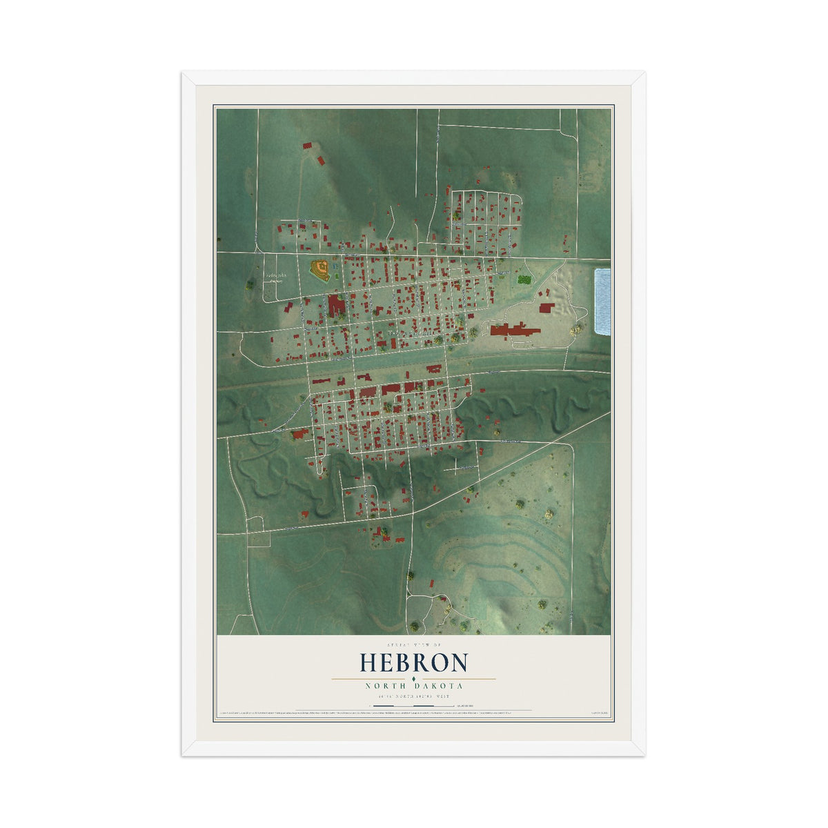 Map of Hebron, North Dakota, 12 x 18 inch print in a white wood frame