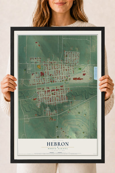 Map of Hebron, North Dakota, 18 x 24 inch print in a black wood frame