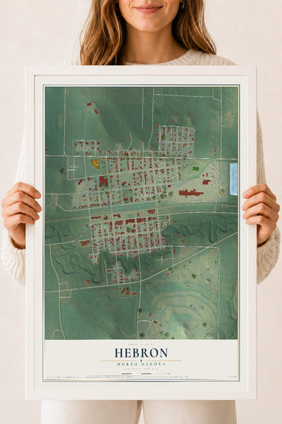 Map of Hebron, North Dakota, 18 x 24 inch print in a white wood frame