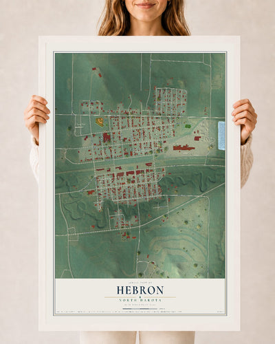 Map of Hebron, North Dakota, 24 x 36 inch print in a white wood frame