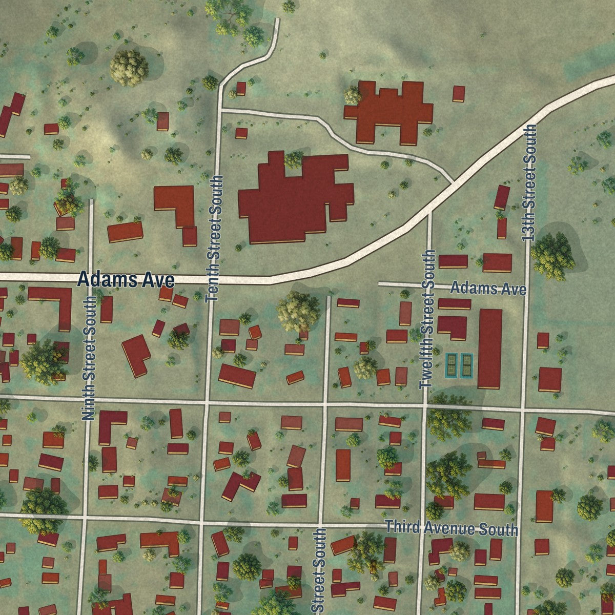 Second close-up of the map of Hettinger, North Dakota print showing more streets and buildings