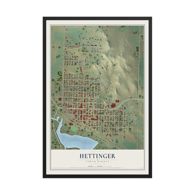 Map of Hettinger, North Dakota, 12 x 18 inch print in a black wood frame