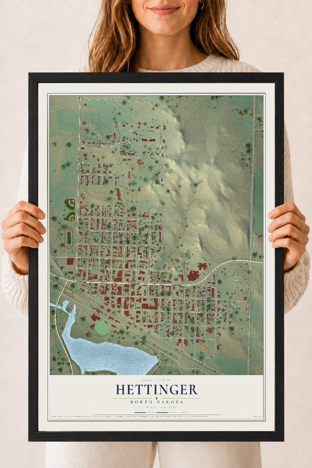 Map of Hettinger, North Dakota, 18 x 24 inch print in a black wood frame