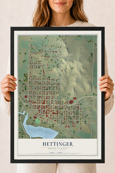 Map of Hettinger, North Dakota, 18 x 24 inch print in a black wood frame