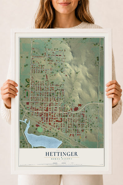 Map of Hettinger, North Dakota, 18 x 24 inch print in a white wood frame