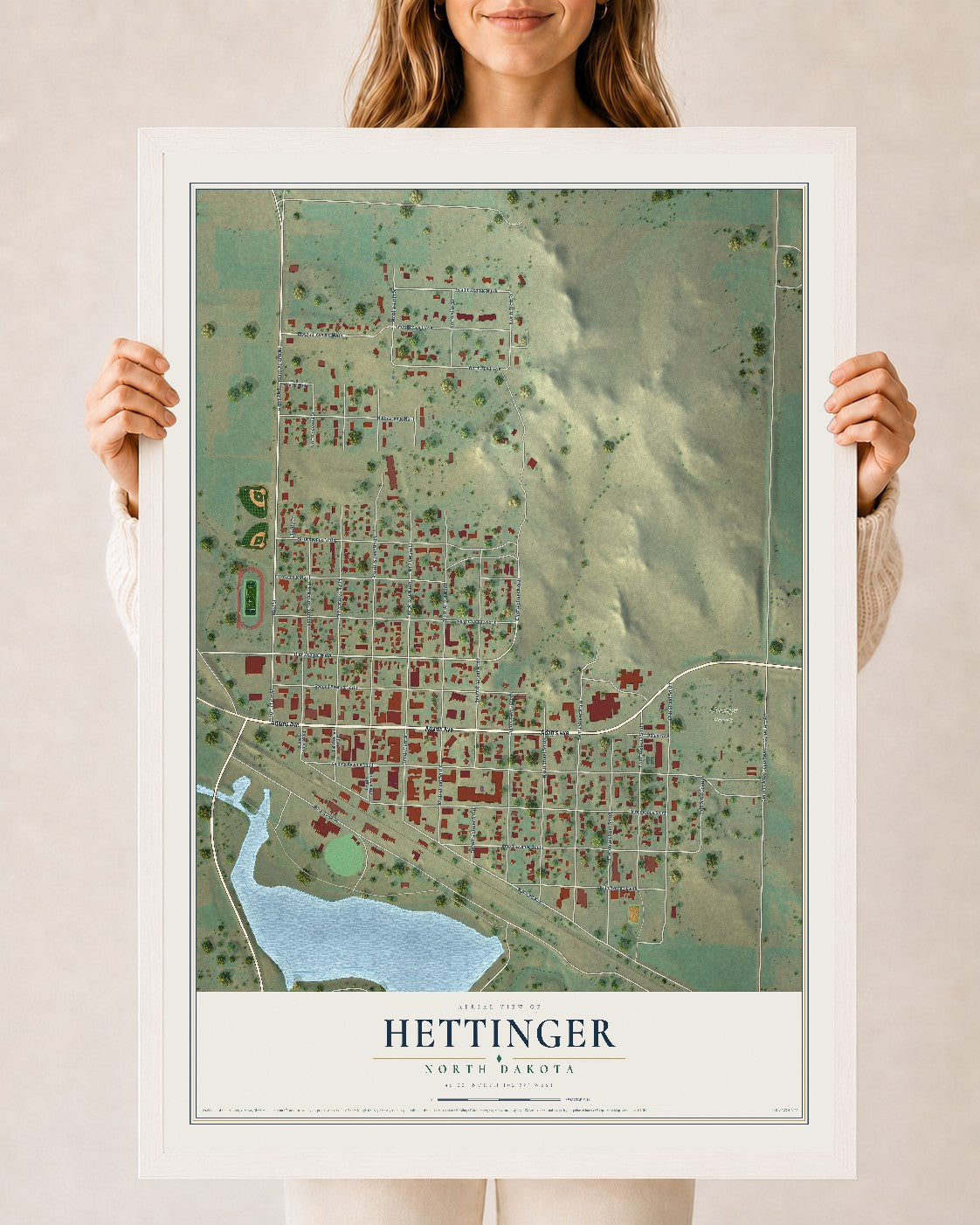 Map of Hettinger, North Dakota, 24 x 36 inch print in a white wood frame