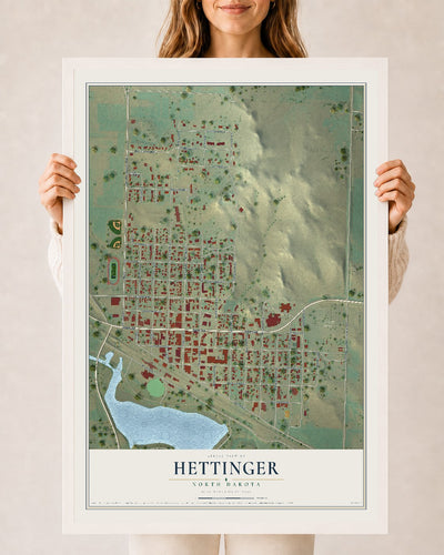 Map of Hettinger, North Dakota, 24 x 36 inch print in a white wood frame