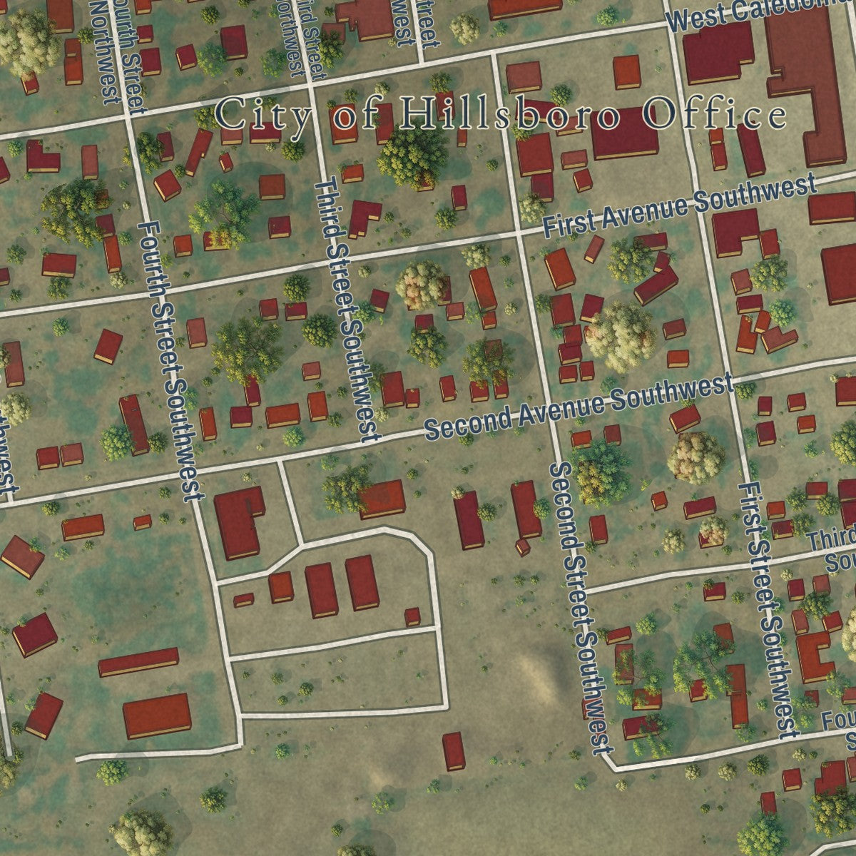 Close-up of the map of Hillsboro, North Dakota print showing street and building detail