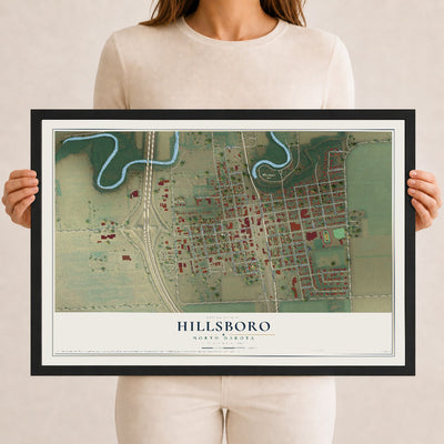 Map of Hillsboro, North Dakota, 12 x 18 inch print in a black wood frame