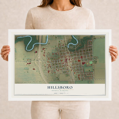 Map of Hillsboro, North Dakota, 12 x 18 inch print in a white wood frame