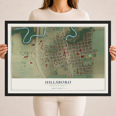 Map of Hillsboro, North Dakota, 18 x 24 inch print in a black wood frame