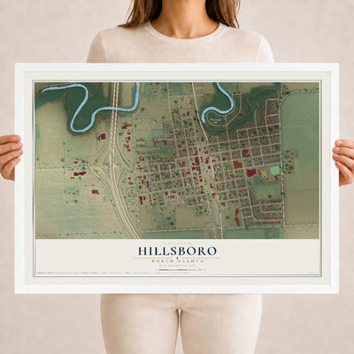 Map of Hillsboro, North Dakota, 18 x 24 inch print in a white wood frame