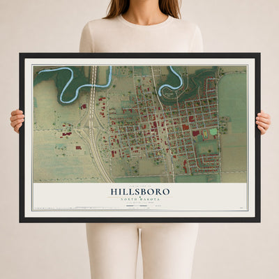 Map of Hillsboro, North Dakota, 24 x 36 inch print in a black wood frame
