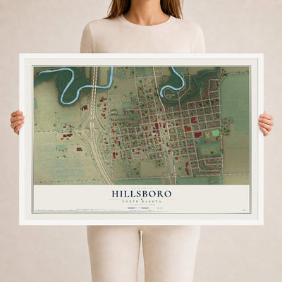 Map of Hillsboro, North Dakota, 24 x 36 inch print in a white wood frame