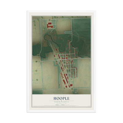 Map of Hoople, North Dakota, 12 x 18 inch print in a white wood frame
