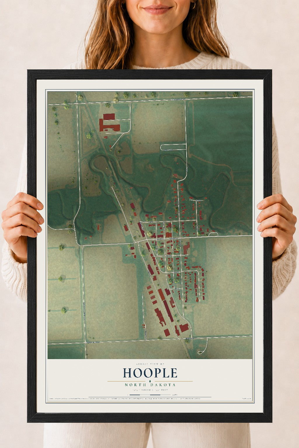 Map of Hoople, North Dakota, 18 x 24 inch print in a black wood frame