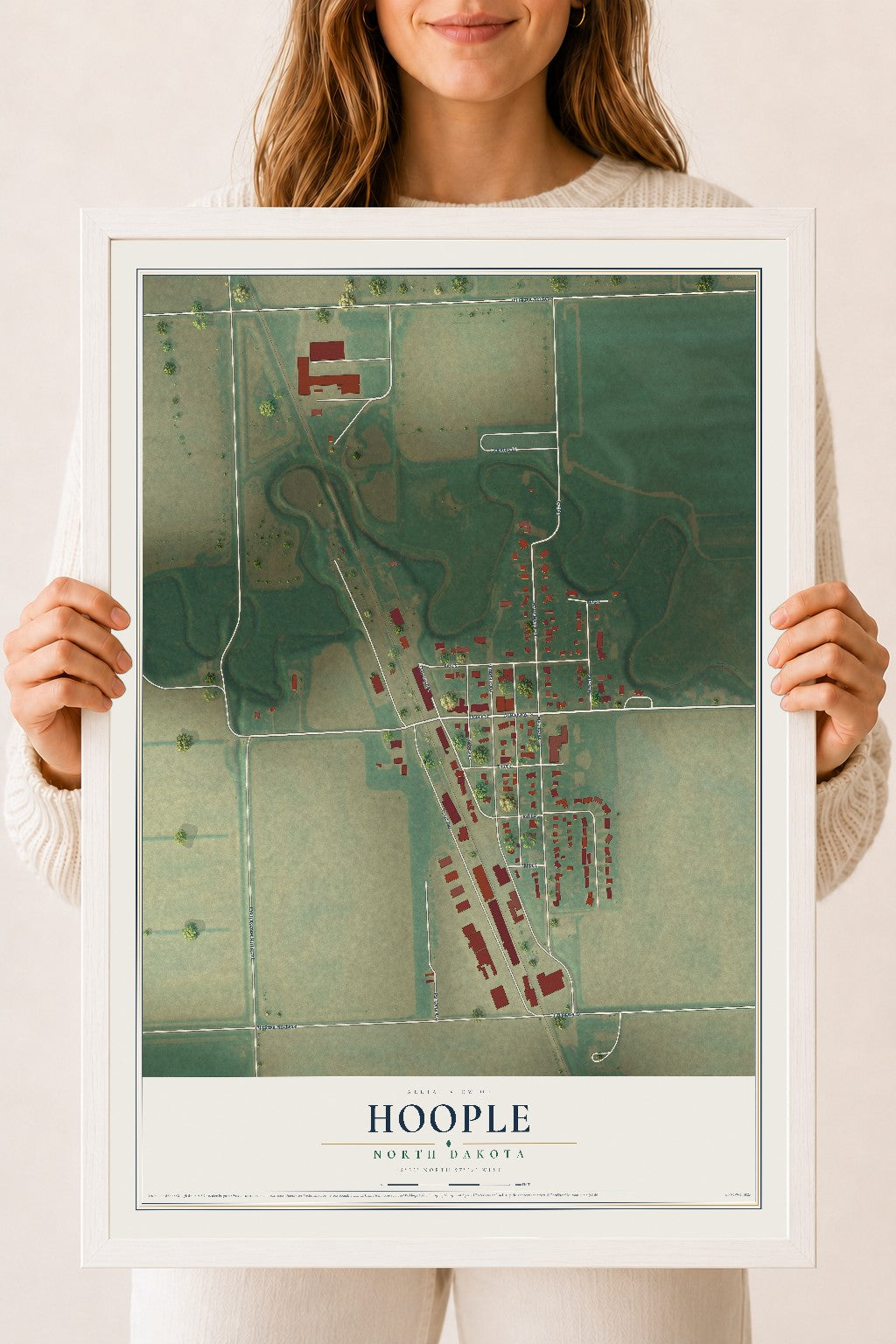 Map of Hoople, North Dakota, 18 x 24 inch print in a white wood frame