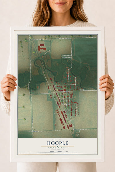 Map of Hoople, North Dakota, 18 x 24 inch print in a white wood frame