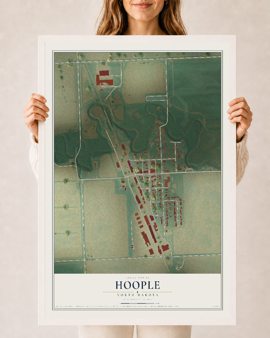 Map of Hoople, North Dakota, 24 x 36 inch print in a white wood frame
